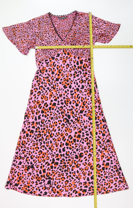 Dunnes Women's Pink Leopard Print A-Line Midi Dress Size 8