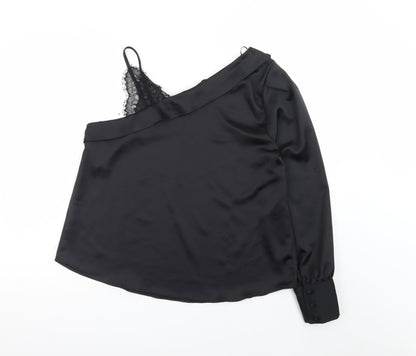 River Island Womens Black One Shoulder Satin Lace Trim Blouse Size 16