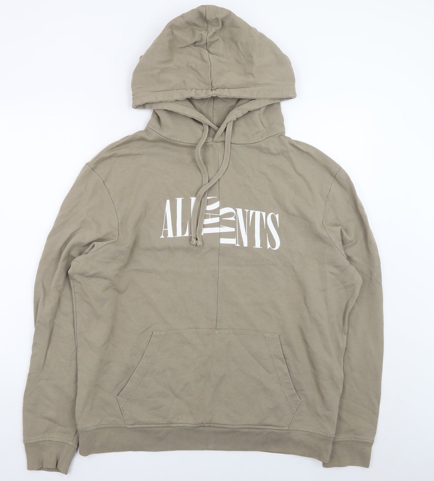 AllSaints Men's Beige Hoodie Medium Pullover Logo Cotton Sweatshirt