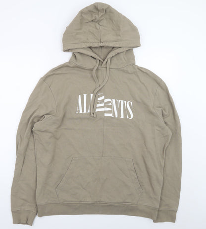AllSaints Men's Beige Hoodie Medium Pullover Logo Cotton Sweatshirt