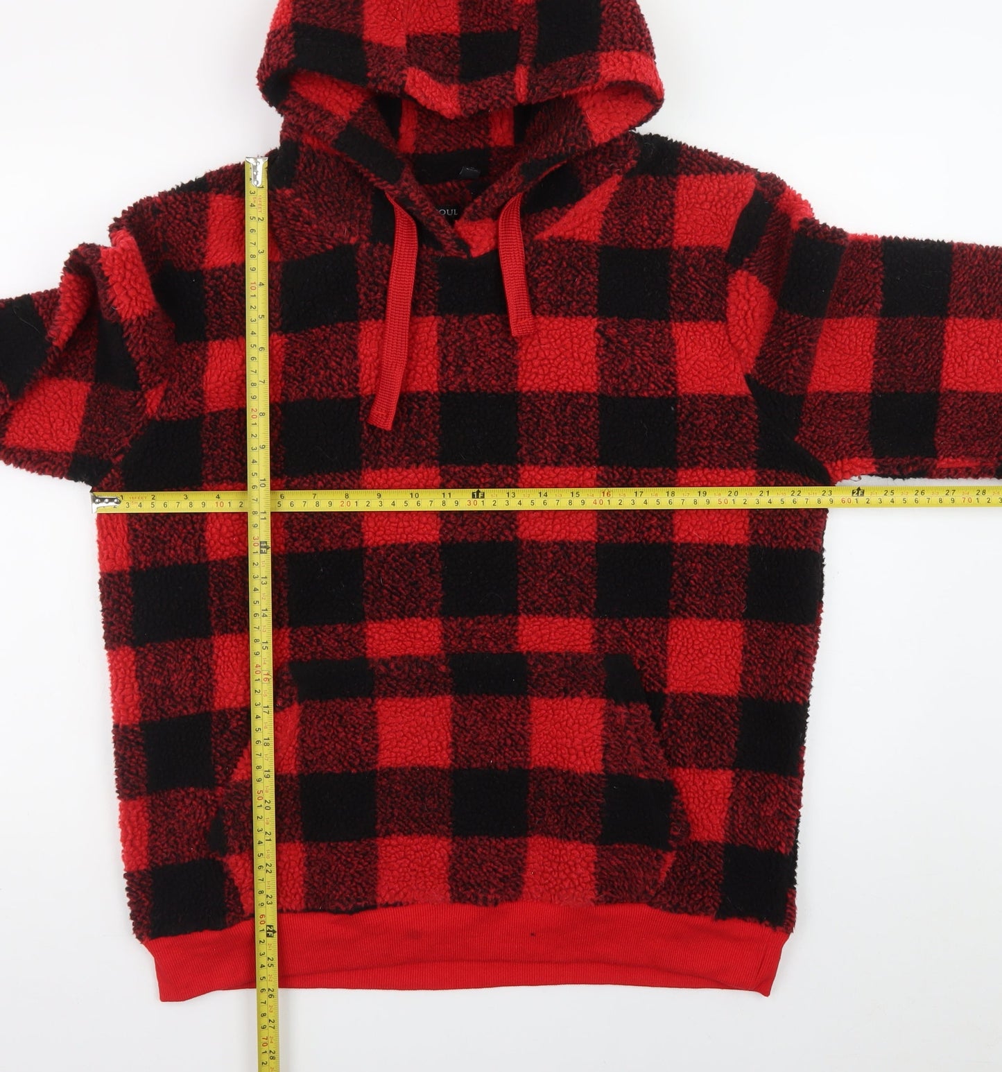 Brave Soul Men’s Red Check Hooded Fleece Pullover Hoodie L