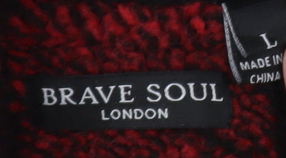 Brave Soul Men’s Red Check Hooded Fleece Pullover Hoodie L