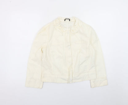 Sisley Women Ivory Ruffle Collared Long Sleeve Cotton Linen Blouse Size 14