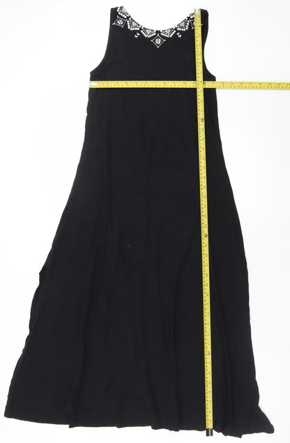 Mango Women's Black A-Line Maxi Dress Size 8 Sleeveless Embroidered