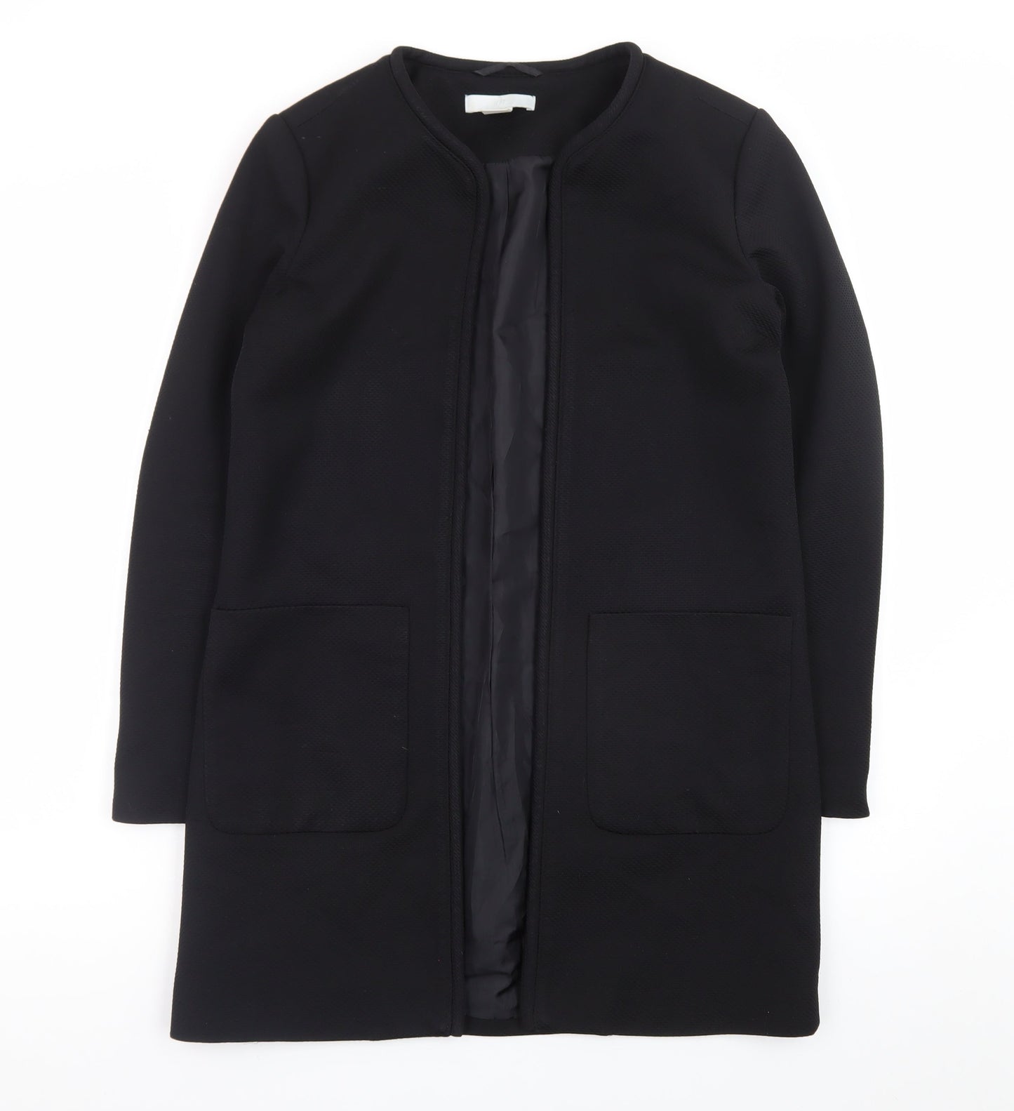 H&M Womens Black Size 8 Long Collarless Open Front Coat