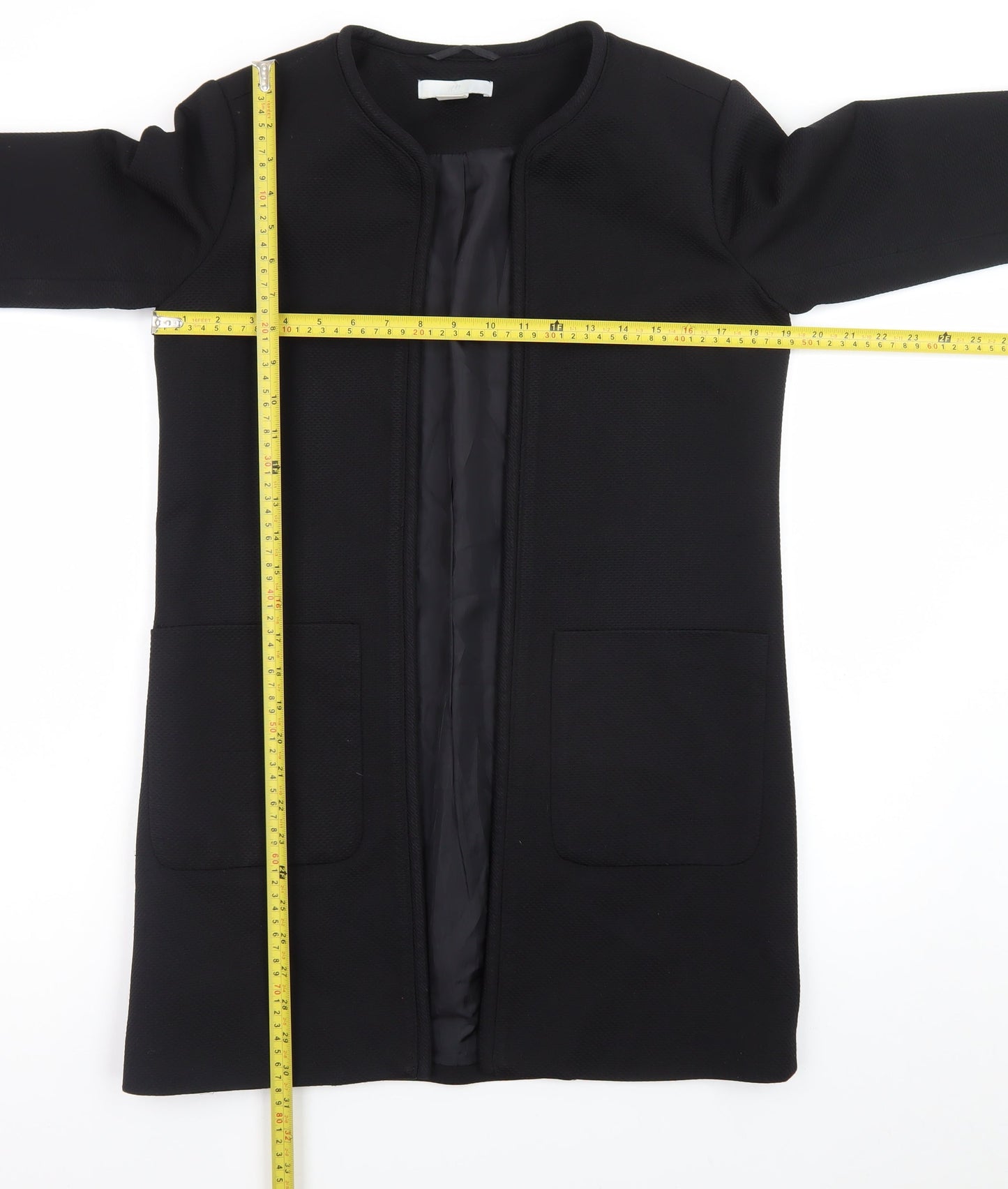 H&M Womens Black Size 8 Long Collarless Open Front Coat