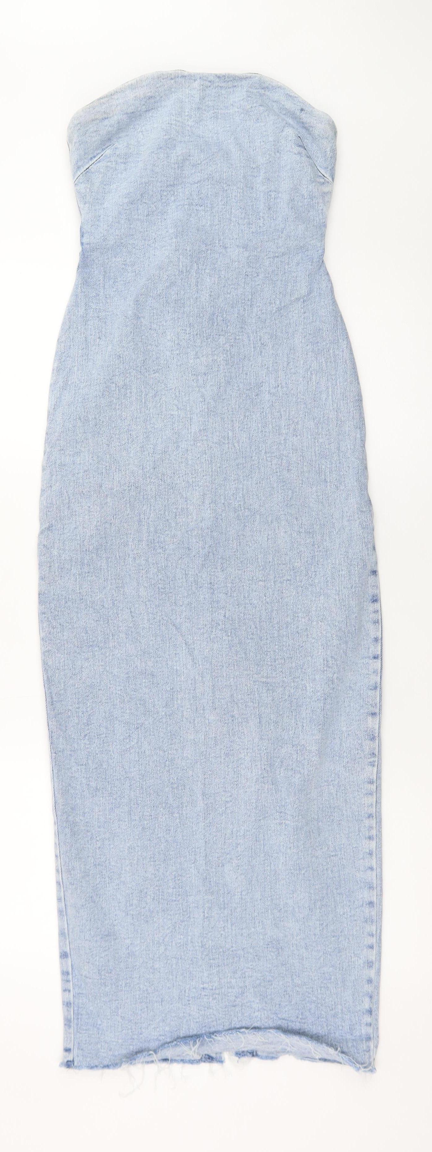 Primark Women Blue Size 8 Strapless Denim Bodycon Midi Dress