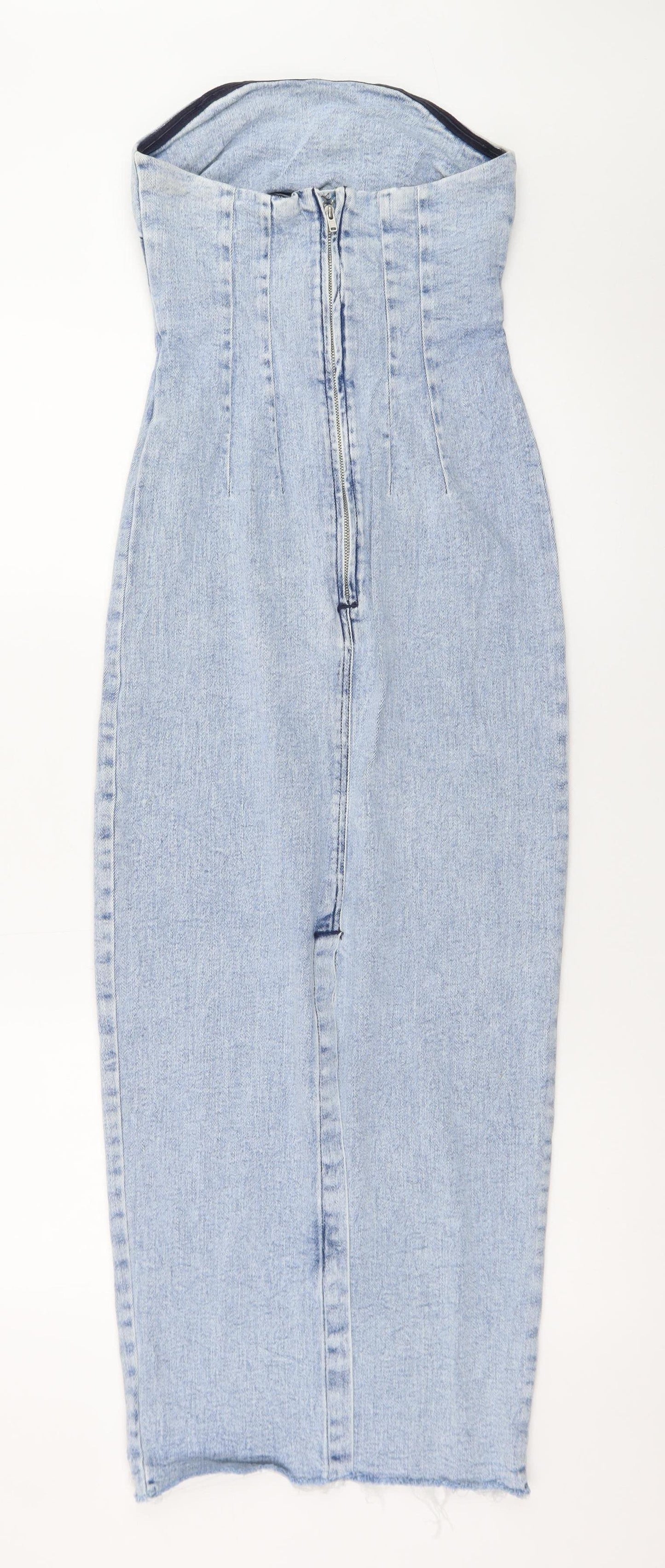 Primark Women Blue Size 8 Strapless Denim Bodycon Midi Dress
