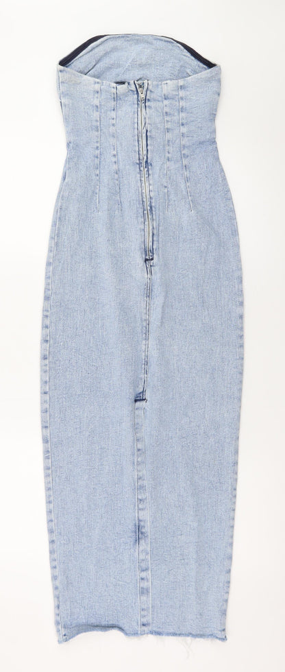 Primark Women Blue Size 8 Strapless Denim Bodycon Midi Dress