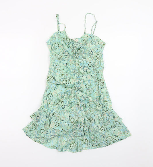 Stradivarius Women Green Paisley Slip Dress Small Ruched Cut Out Summer