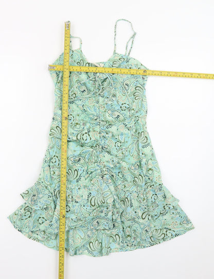 Stradivarius Women Green Paisley Slip Dress Small Ruched Cut Out Summer