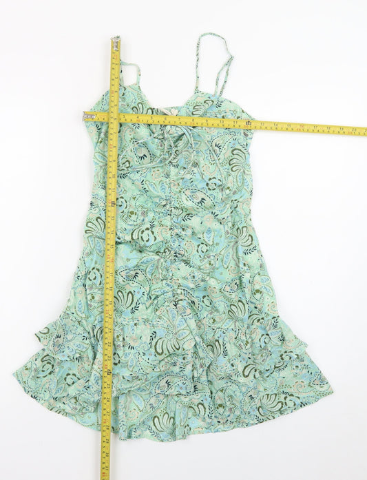 Stradivarius Women Green Paisley Slip Dress Small Ruched Cut Out Summer