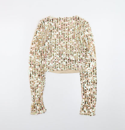 Club London Women Beige Sequin Cropped Long Sleeve Blouse Size 8