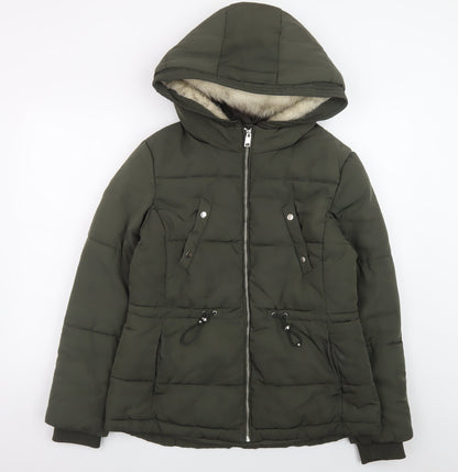 H&M Divided Women's Green Puffer Jacket Size 14 Hooded Mid-Length