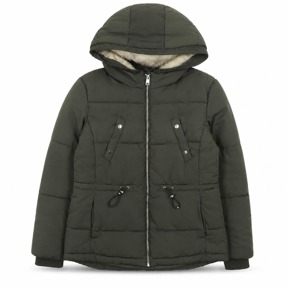 H&M Divided Women's Green Puffer Jacket Size 14 Hooded Mid-Length