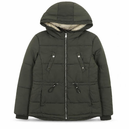 H&M Divided Women's Green Puffer Jacket Size 14 Hooded Mid-Length