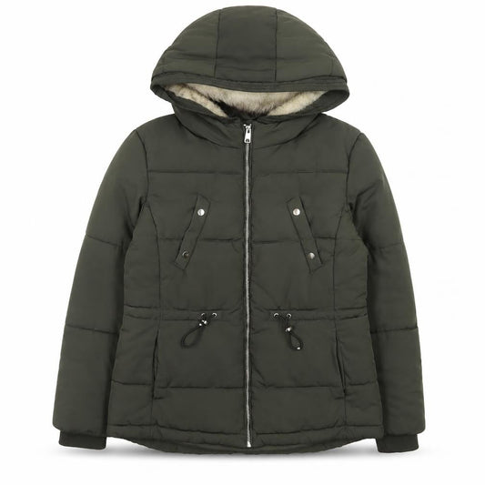 H&M Divided Women's Green Puffer Jacket Size 14 Hooded Mid-Length
