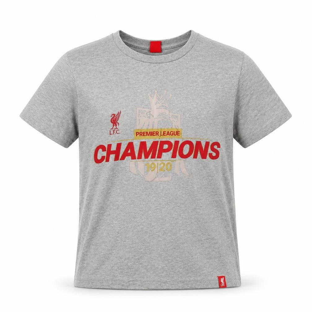 Front view of Liverpool FC boys’ grey 9-10 years premier league champions t-shirt