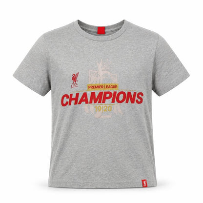 Front view of Liverpool FC boys’ grey 9-10 years premier league champions t-shirt