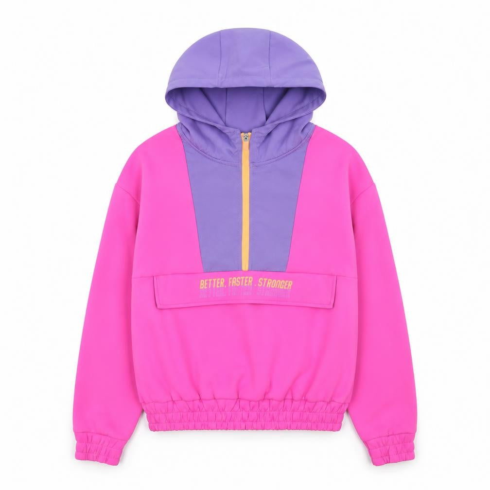 Front view of Dunnes Teens Pink Purple 1/2 Zip Colourblock Hoodie, size XS