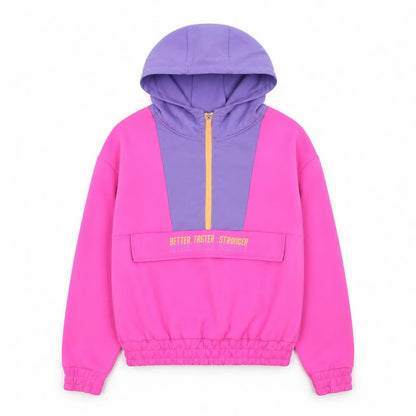 Front view of Dunnes Teens Pink Purple 1/2 Zip Colourblock Hoodie, size XS
