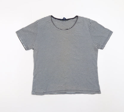 Karen Scott Women Blue Striped Cotton Short Sleeve T-Shirt M