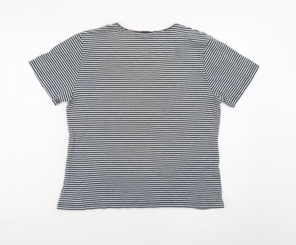 Karen Scott Women Blue Striped Cotton Short Sleeve T-Shirt M