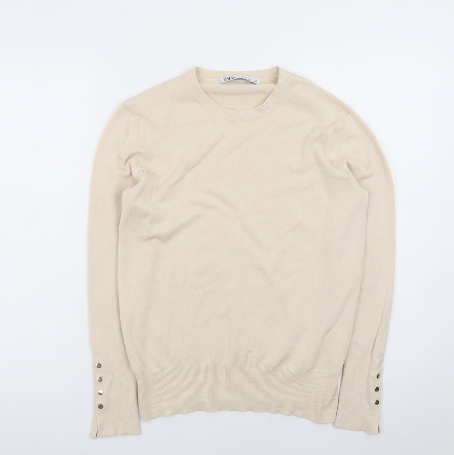 Zara Women Beige Knit Long Sleeve Basic Crew Neck Top XL