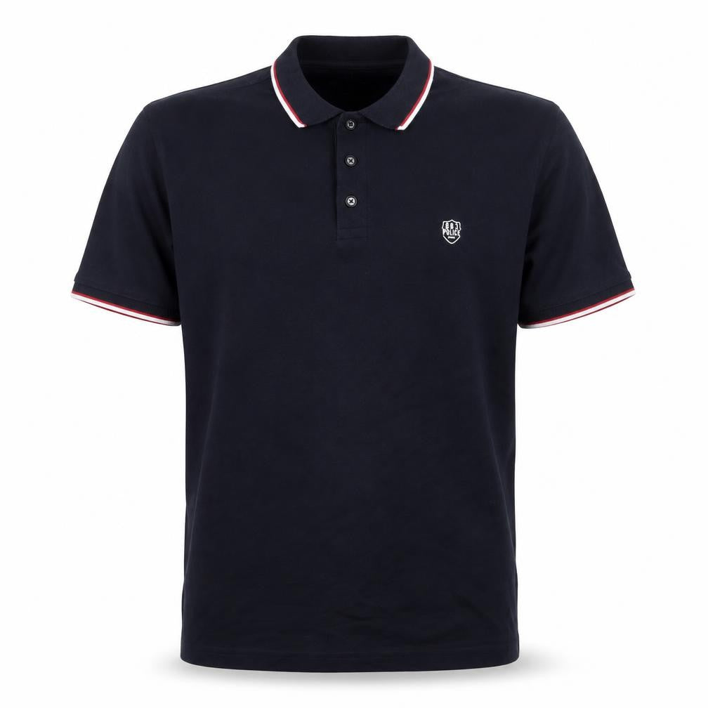 Front view of Police Men’s Navy Short Sleeve Cotton Polo Shirt XXL Classic Fit