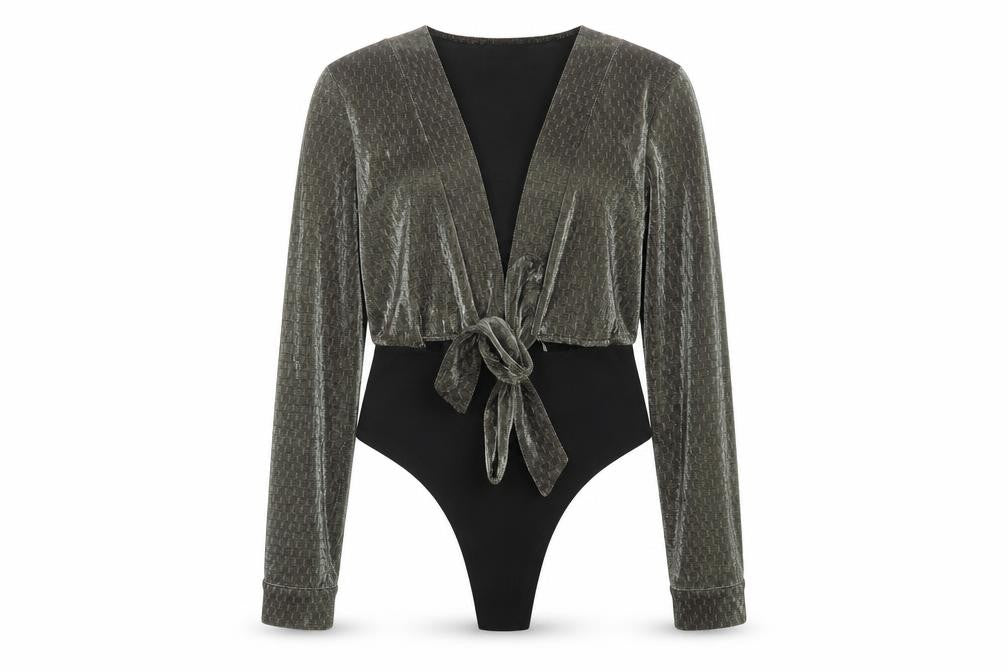 Nasty Gal Womens Grey Velvet Wrap Bodysuit Size 10 Long Sleeve