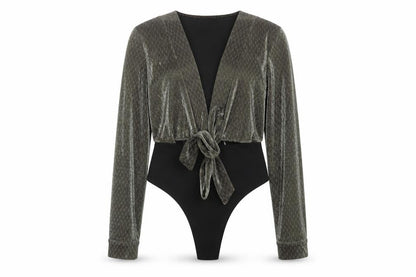 Nasty Gal Womens Grey Velvet Wrap Bodysuit Size 10 Long Sleeve