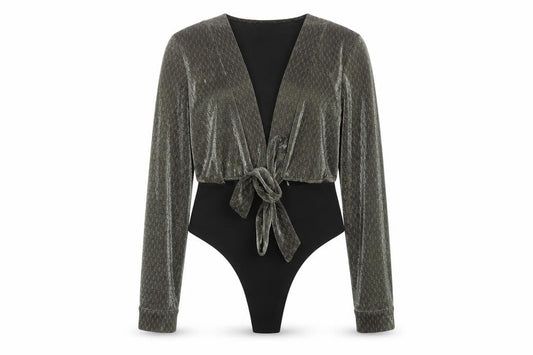 Nasty Gal Womens Grey Velvet Wrap Bodysuit Size 10 Long Sleeve