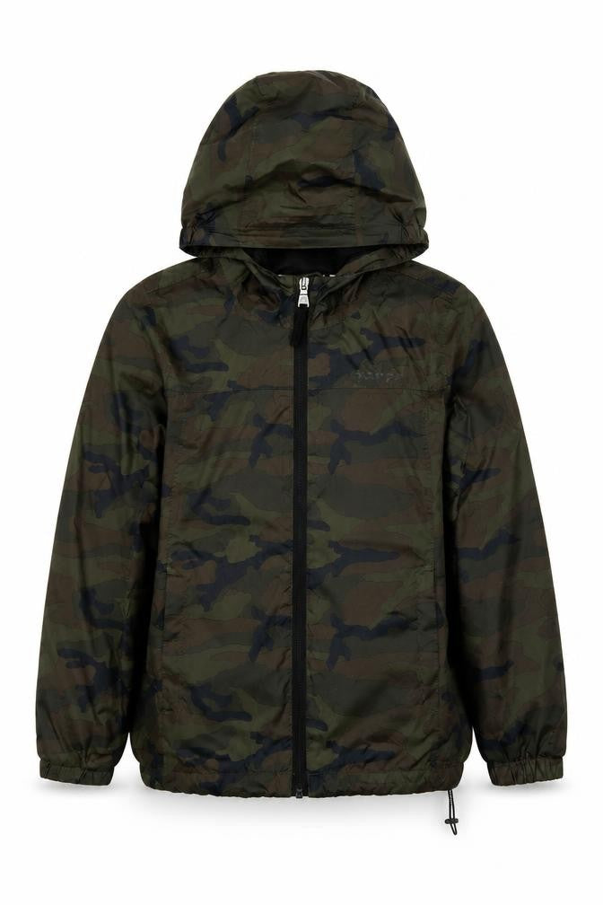 Front view of TOG24 boys’ green camouflage hooded windbreaker jacket, size 152