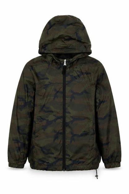 Front view of TOG24 boys’ green camouflage hooded windbreaker jacket, size 152