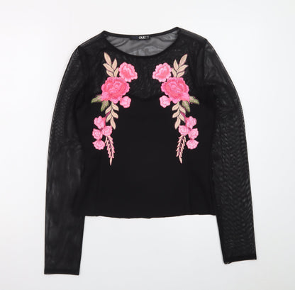 Quiz Womens Black Floral Embroidered Mesh Long Sleeve Cropped Blouse Size 12