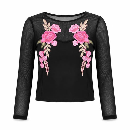 Quiz Womens Black Floral Embroidered Mesh Long Sleeve Cropped Blouse Size 12