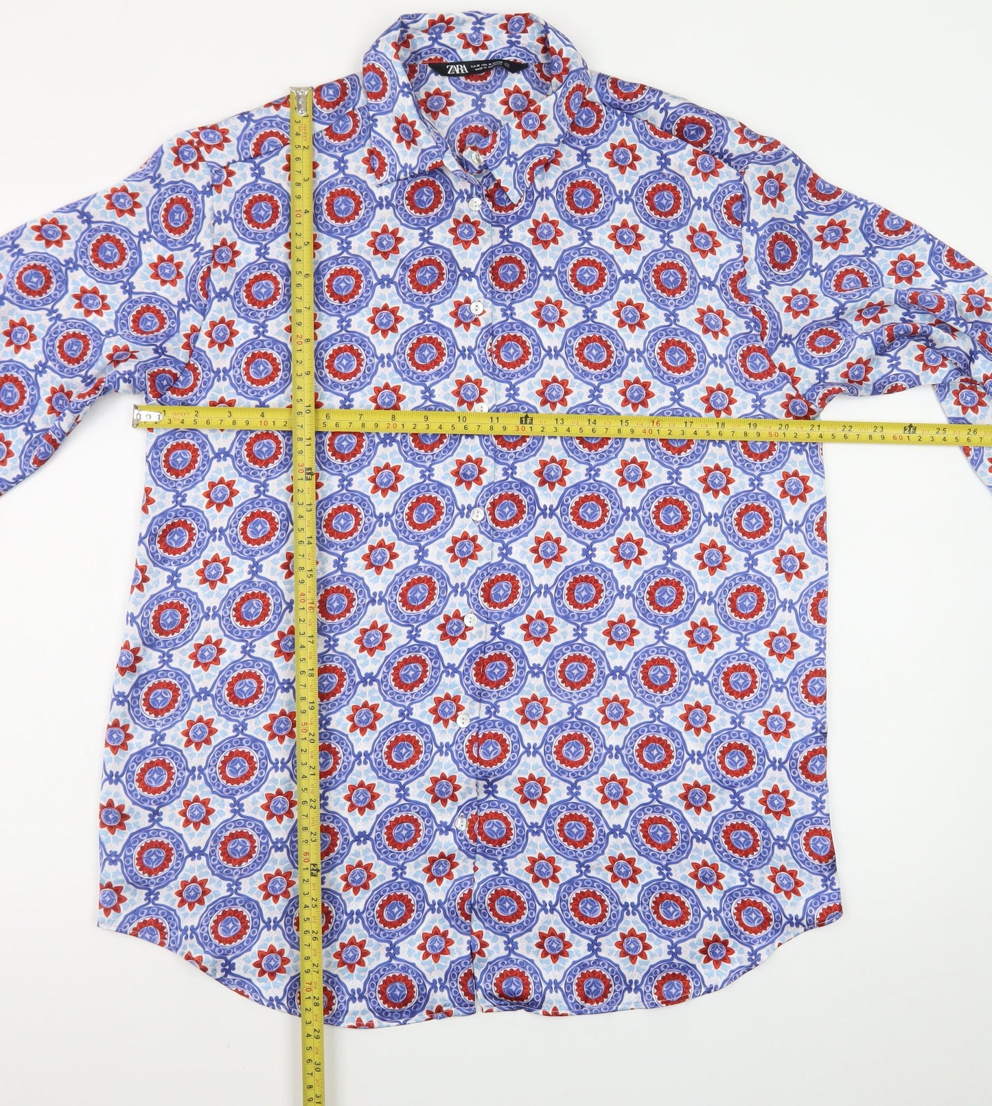 Zara Womens Multicoloured Geometric Button-Up Long Sleeve Cotton Shirt Size 12