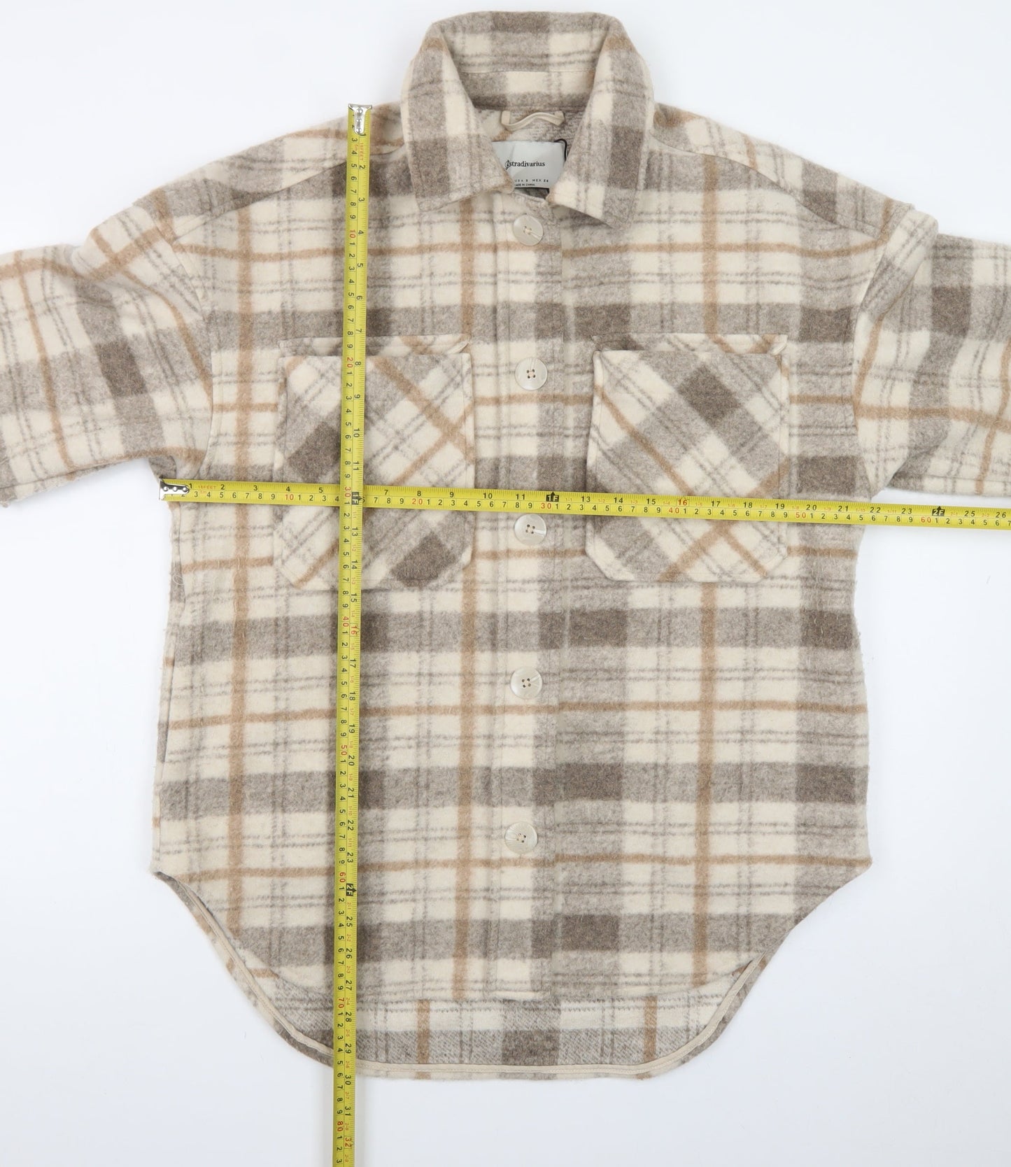Stradivarius Women Beige Checked Shacket Jacket Size 8 Relaxed Fit