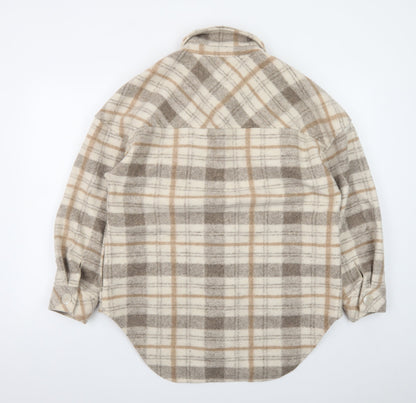 Stradivarius Women Beige Checked Shacket Jacket Size 8 Relaxed Fit