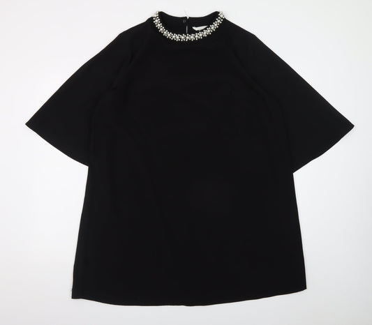 H&M Women Black Size 12 Beaded Shift Dress High Neck Evening