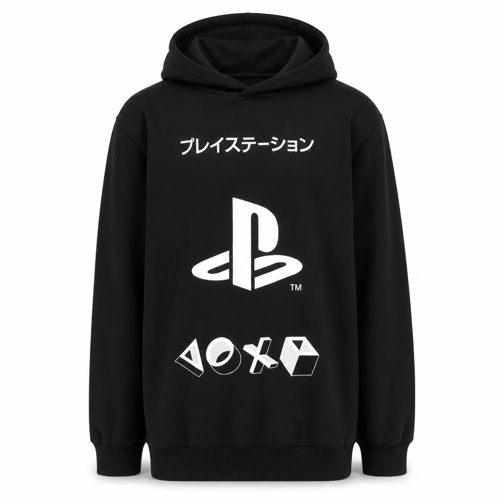 Front view of PlayStation boys’ black pullover hoodie 14-15 years hooded sweatshirt