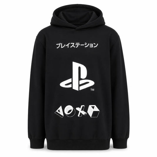 Front view of PlayStation boys’ black pullover hoodie 14-15 years hooded sweatshirt