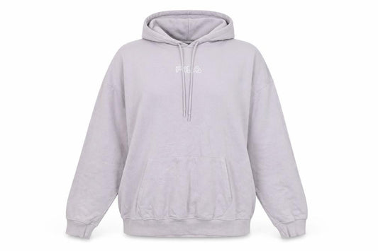 Front view of Fila women’s light grey pullover hoodie, size S, relaxed fit cotton blend