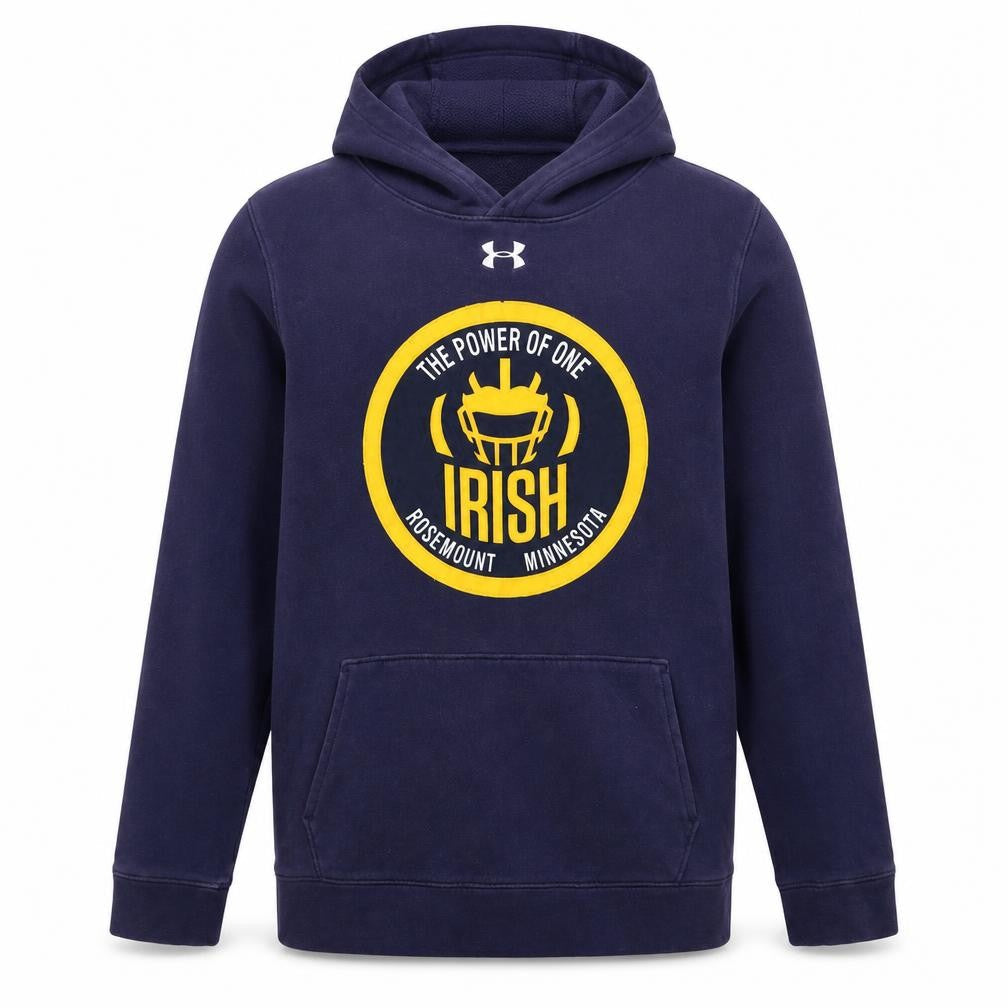 Front view of Under Armour boys’ navy hoodie yxl coldgear loose fit pullover sweatshirt