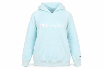 Front view of Champion girls’ blue pullover hoodie l logo fleece sweatshirt
