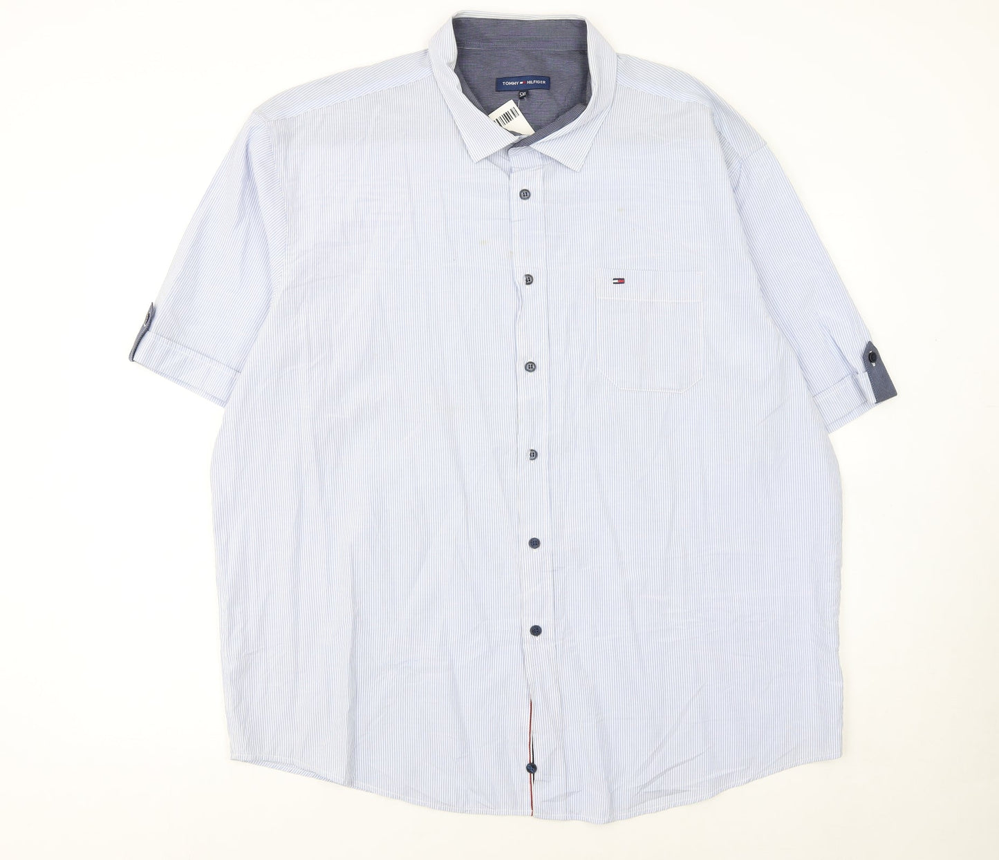 Tommy Hilfiger Men's Blue Striped Short Sleeve Button-Up Shirt 5XL