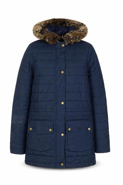 Barbour Women's Blue Long Hooded Puffer Coat Size 8 Faux Fur Trim
