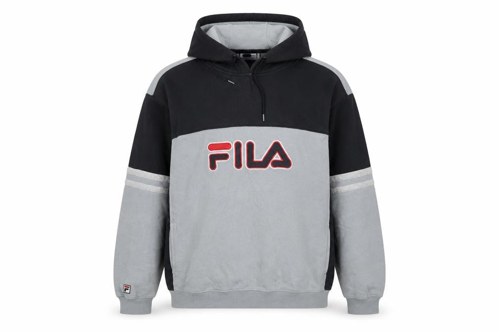 Front view of Fila boys’ black & grey pullover hoodie xl (176cm) cotton blend logo sweatshirt