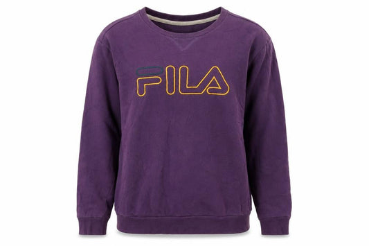 Front view of Fila Women's Purple Crew Neck Logo Sweatshirt, size S, Relaxed Fit