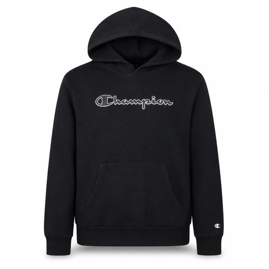 Front view of Champion boys’ black pullover hoodie 15-16 years logo fleece sweatshirt
